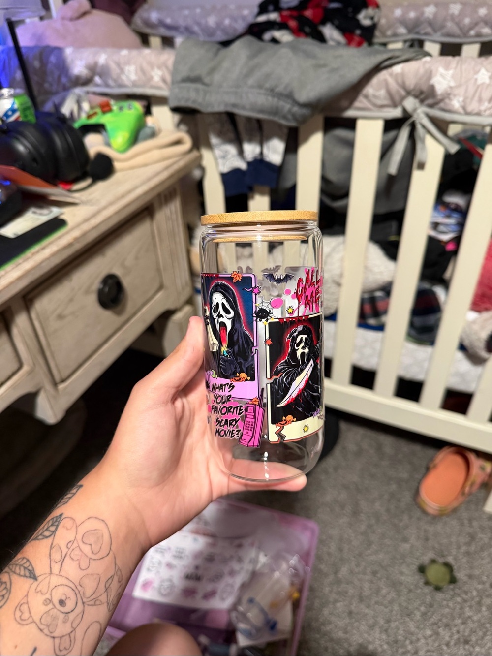 Decorative Glass Canister with Pink Horror Graphic